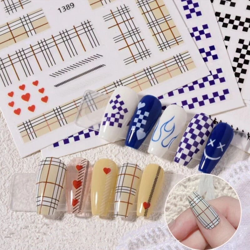 Check Patterned Nail Stickers, Set of 12 sheets - 100+ Assorted Stickers