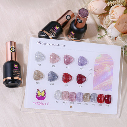Nadeco UV Gel Polish KIt Set Of 8, 15ml each, Reflective Glitter Palette, Model - B