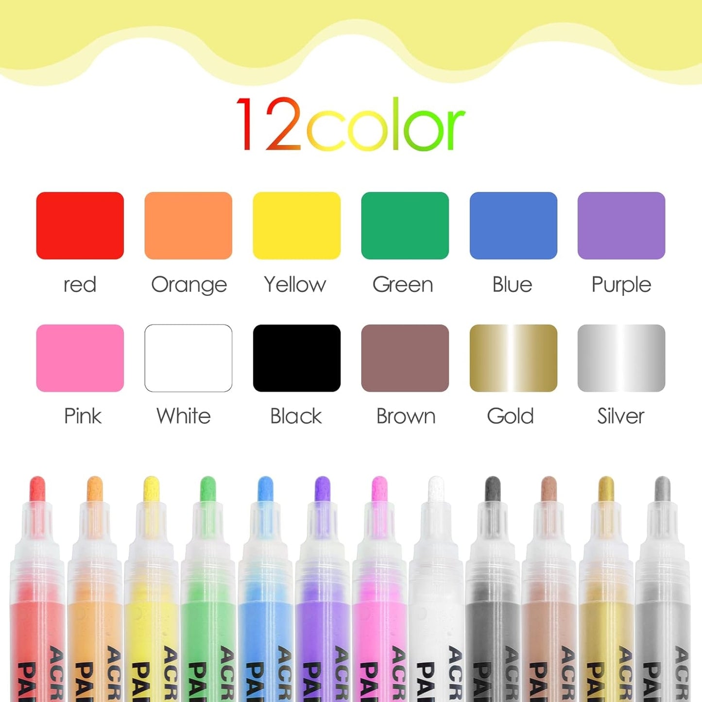 Acrylic Art Paint Markers - Set of 12 Colors