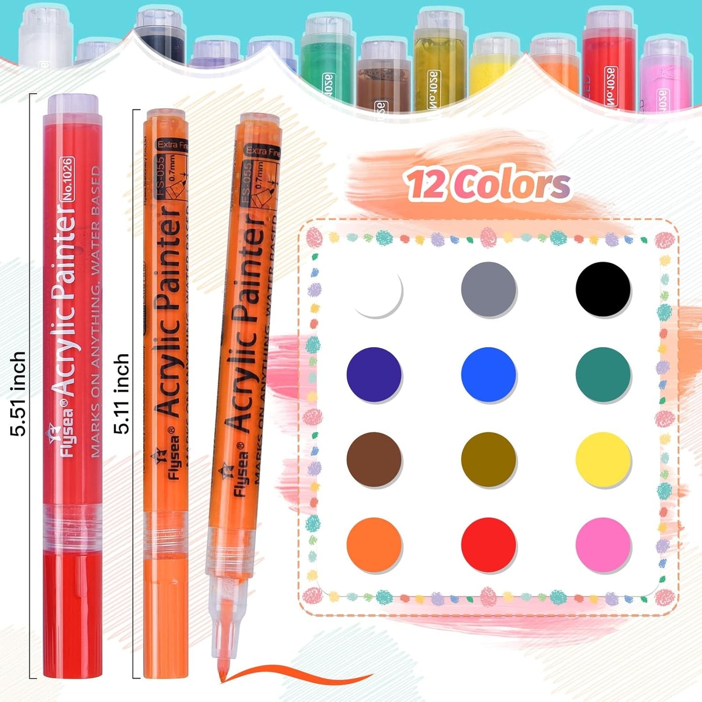 Acrylic Art Paint Markers - Set of 12 Colors