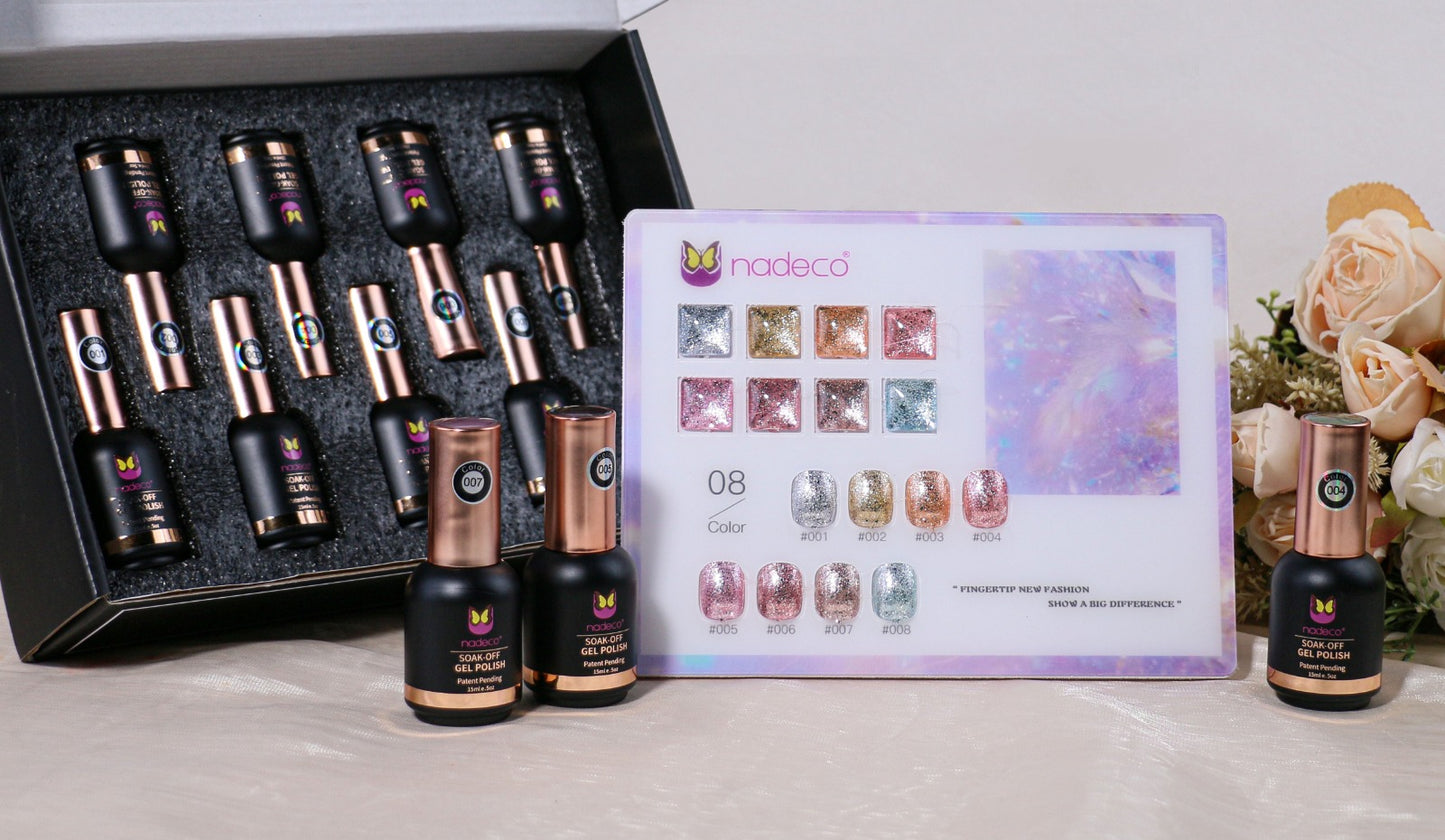 Nadeco UV Gel Polish Kit Set Of 8, 15ml each, Glitter Mix Palette, Model - C