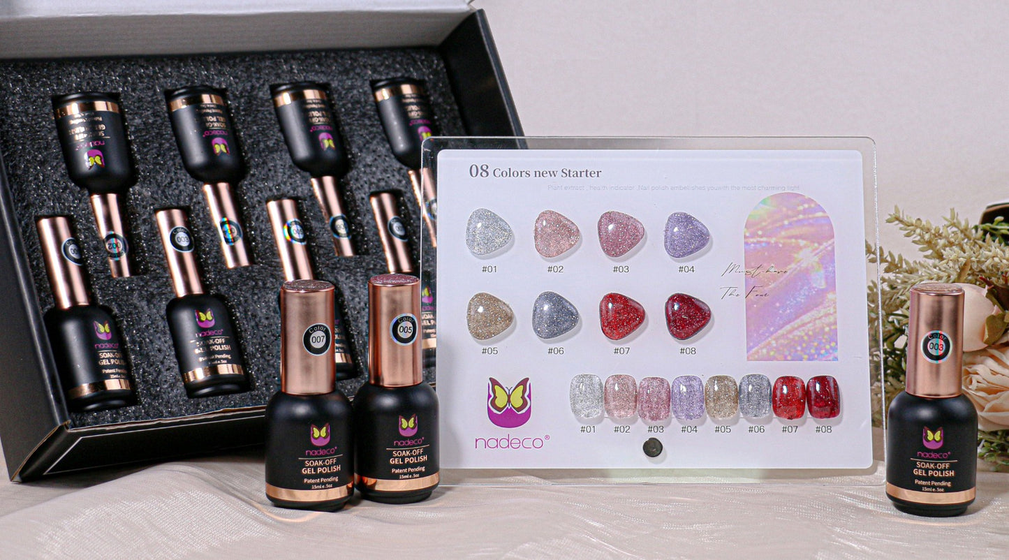 Nadeco UV Gel Polish KIt Set Of 8, 15ml each, Reflective Glitter Palette, Model - B