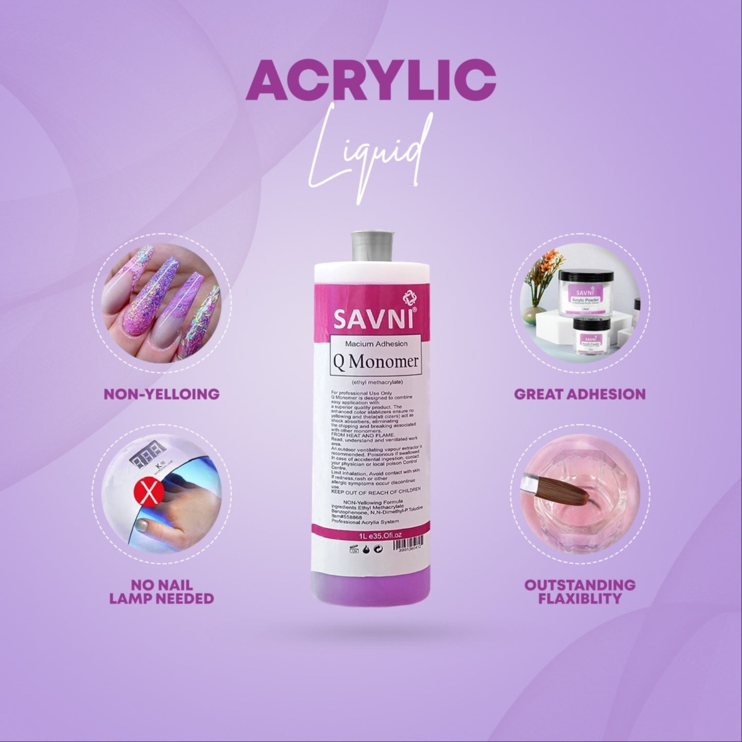 Savni Liquid Monomer Acrylic Liquid Purple (EMA) - 1000ml