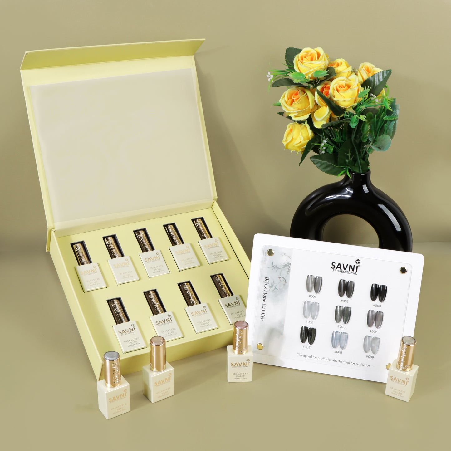 Savni Black Stone Cat Eye Gel Polish Kit Set Of 9 Pcs, 15ml Each