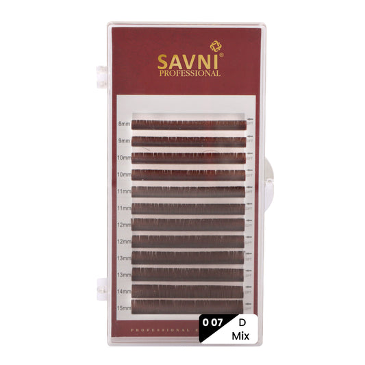 Savni Brown Colored Permanent Eyelash Extension 0.07 Thickness, D Curl, Mix Size (8 - 15mm)