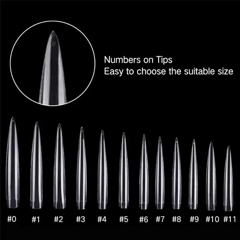 Stiletto XXL Extra Long Transparent Sharp D Lock Extension Tips - 12 Pcs