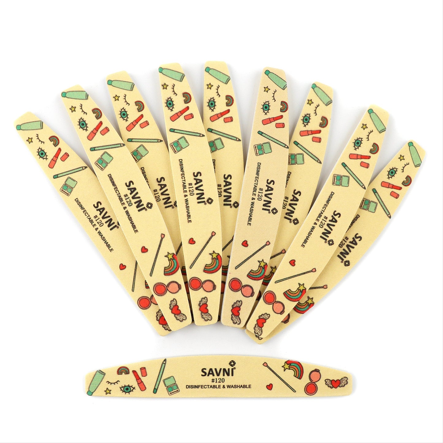 Savni Colored Designer Washable Nail Filers 120/120 Grit - Pack of 12 (Assorted Shape)