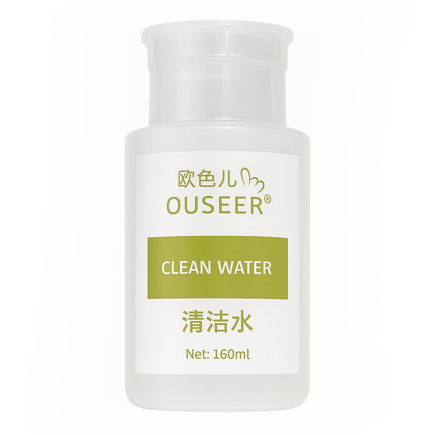 Bottle labeled 'Clean Water' with 'Ouseer' branding on a white background