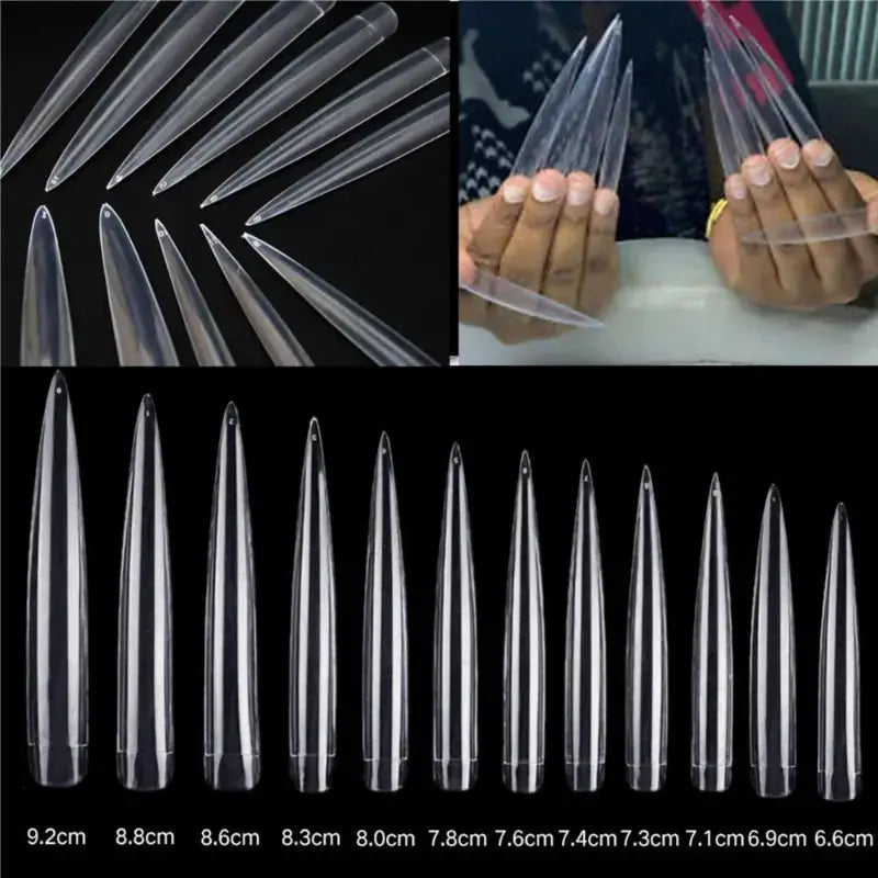 Stiletto XXL Extra Long Transparent Sharp D Lock Extension Tips - 12 Pcs