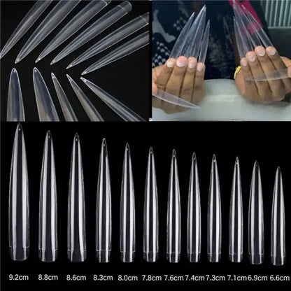Stiletto XXL Extra Long Transparent Sharp D Lock Extension Tips - 12 Pcs