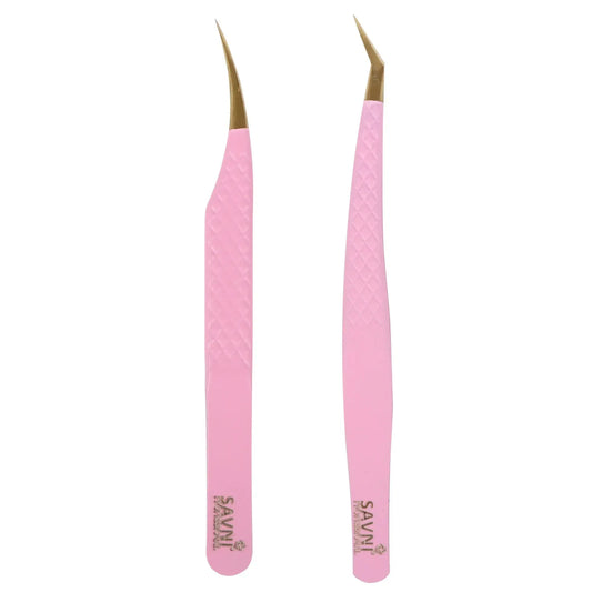 Savni Pink Gold Eyelash Extension Tweezers - Set of 2 (Straight & Angled)