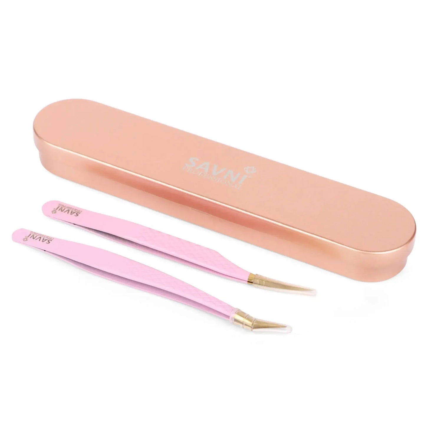 Savni Pink Gold Eyelash Extension Tweezers - Set of 2 (Straight & Angled)
