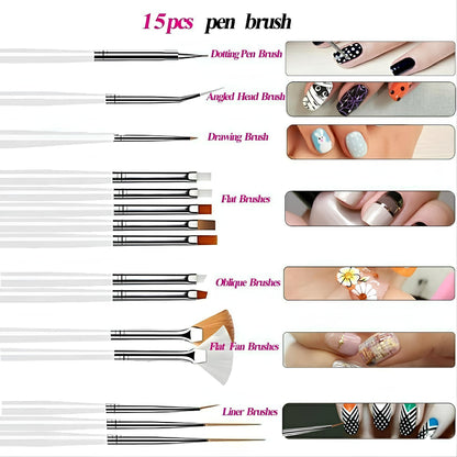 Fan, Detailing, Acrylic, Gel, Angled & Dotting Tool Mix Brushes - Set of 15