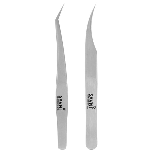 Savni Silver Eyelash Extension Tweezers - Set of 2 (Straight & Angled)