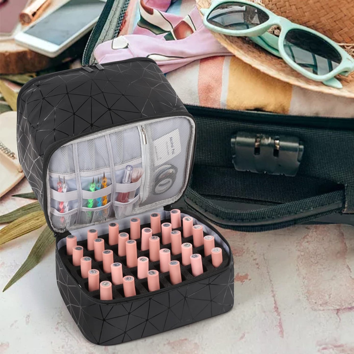 Nail Vanity Designer Black Color - Holds up to 30 polishes and UV Lamp