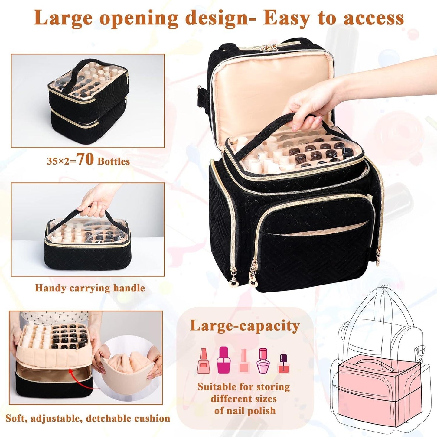 Nail Designer Vanity Black Color Large Size - Holds up to 60 polishes & UV Lamp