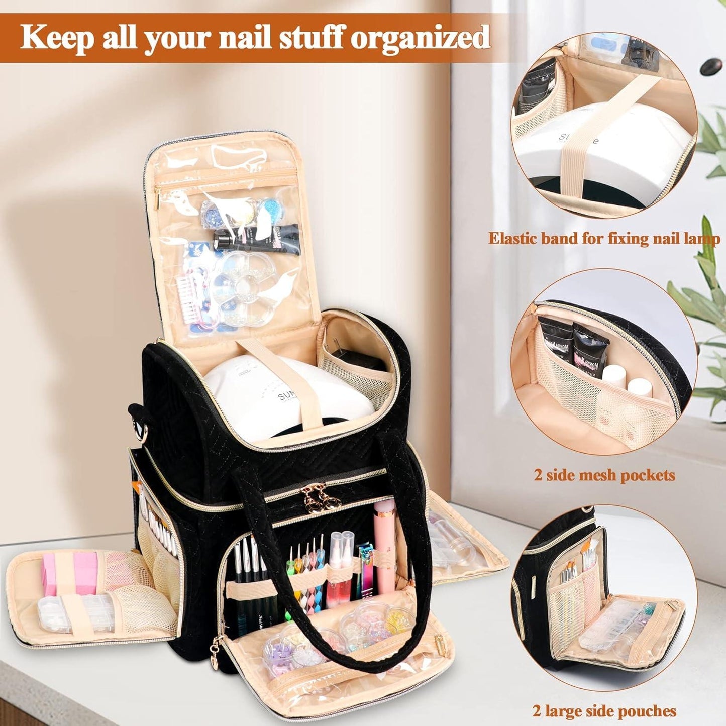 Nail Designer Vanity Black Color Large Size - Holds up to 60 polishes & UV Lamp