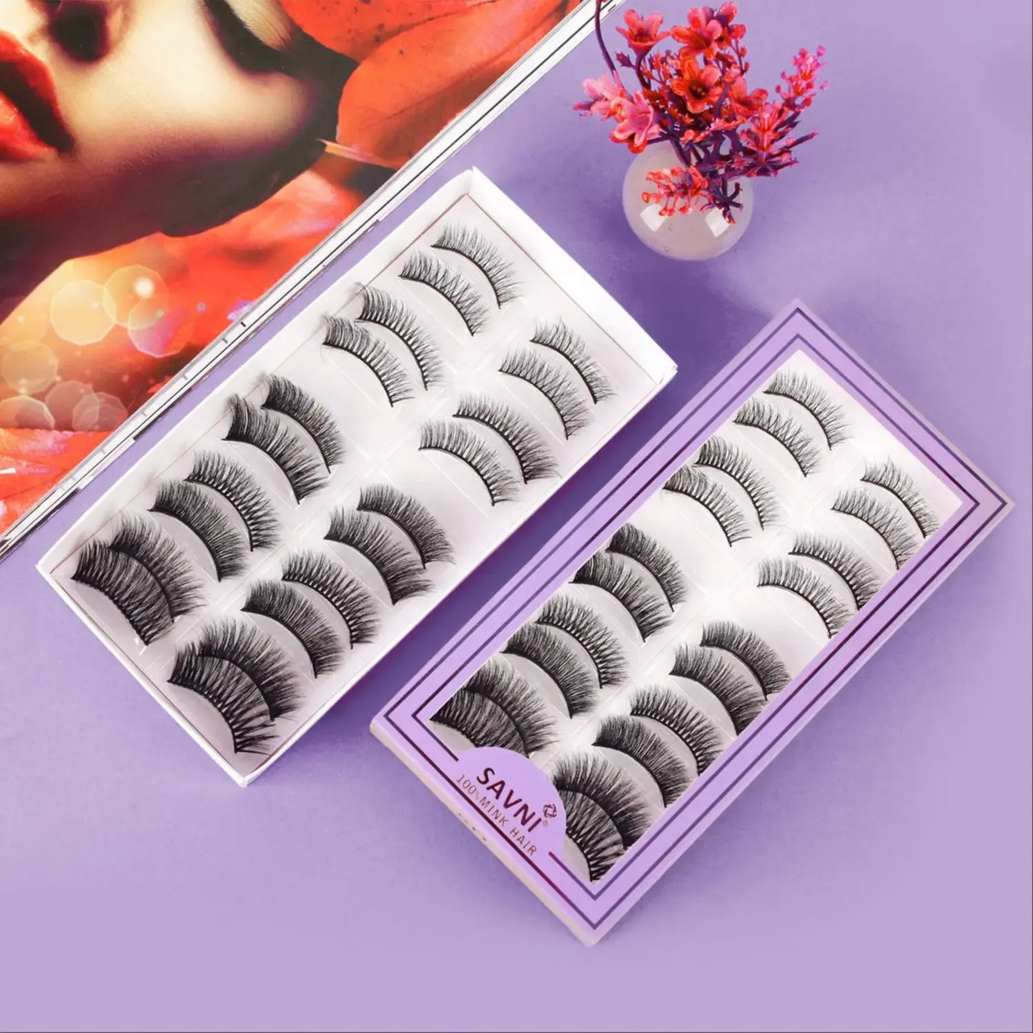 Savni 5D Temporary Mink Hair Eyelash Extensions 10 pairs Mix Designs Purple Box